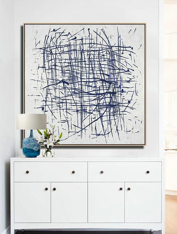 Original Abstract Painting Extra Large Canvas Art,Hand Painted Navy Minimalist Painting On Canvas,Acrylic Minimailist Painting